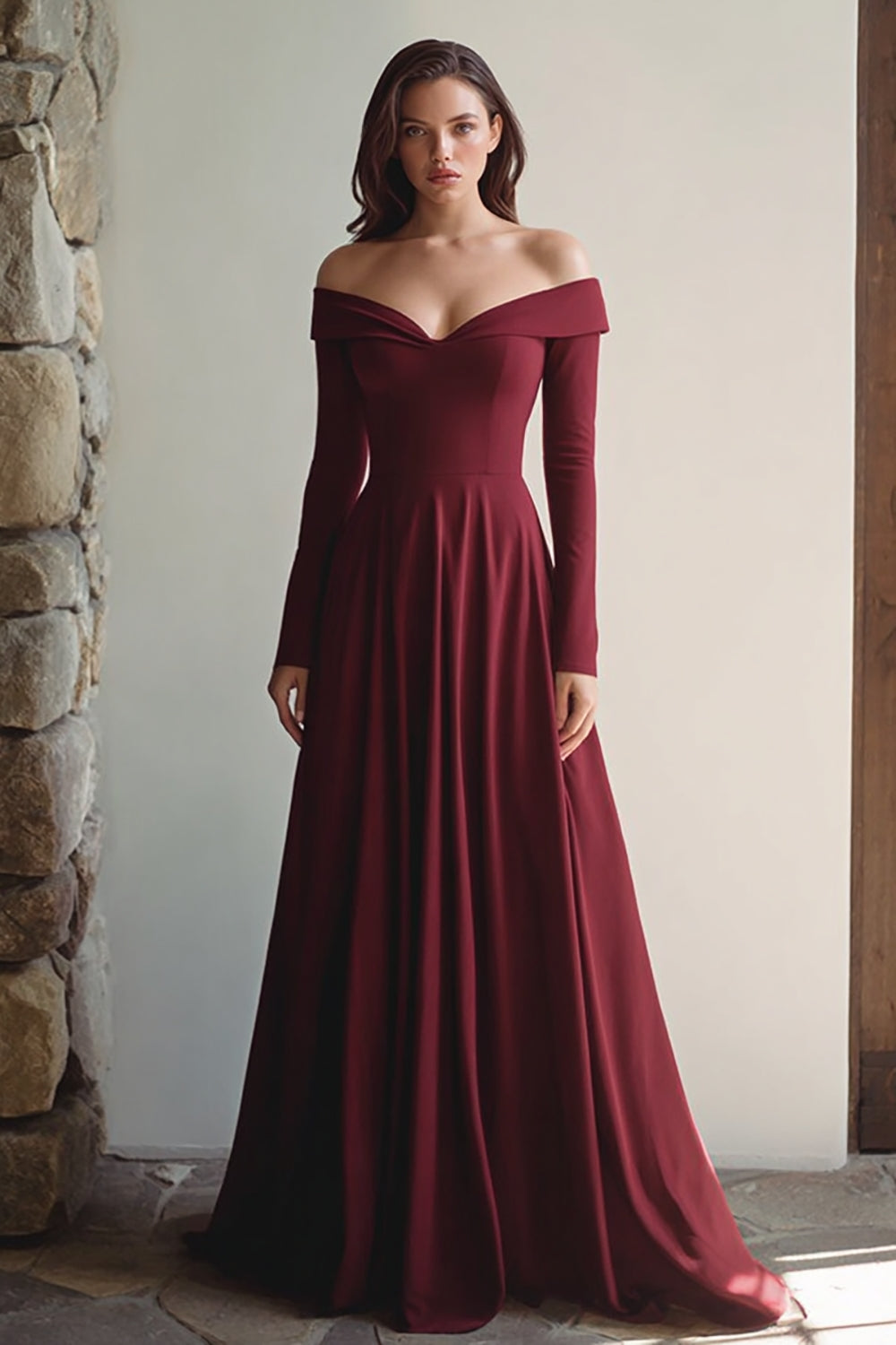 Burgundy Off the Shoulder A Line Long Evening Dress