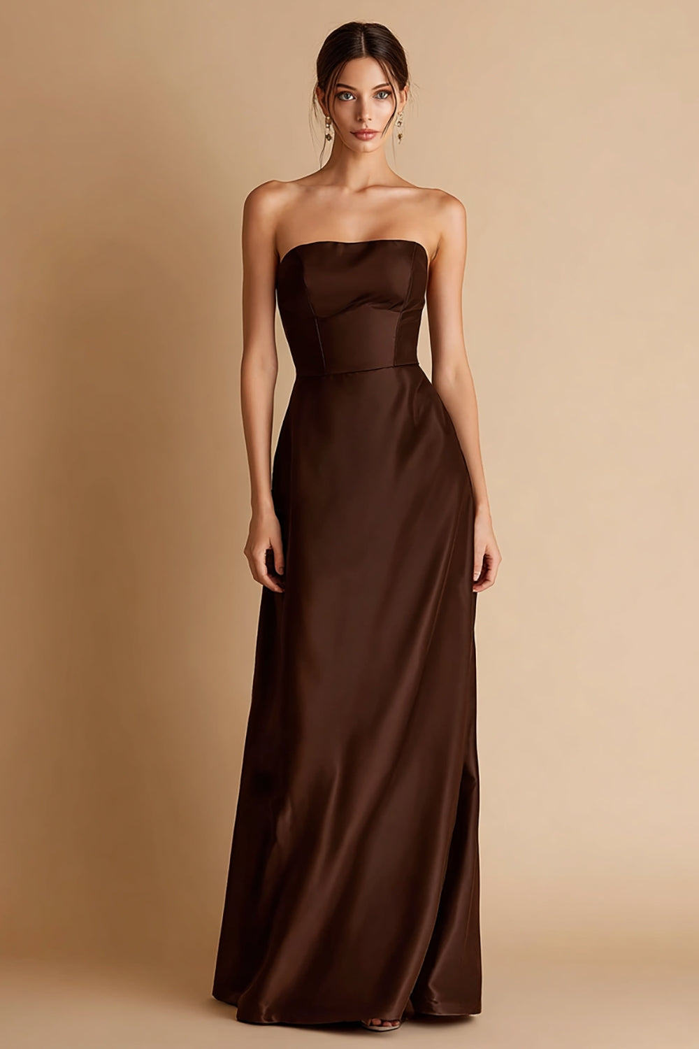 Coffee A Line Strapless Satin Evening Dress