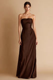 Coffee A Line Strapless Satin Evening Dress