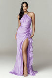 Halter Mermaid Ruffled Lilac Evening Dress with Slit