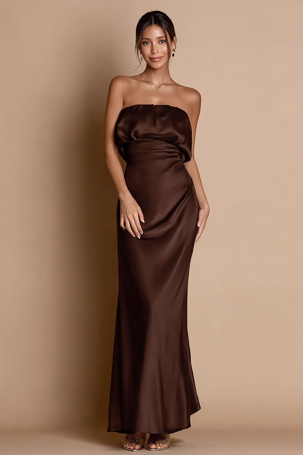 Coffee Strapless Satin Long Evening Dress