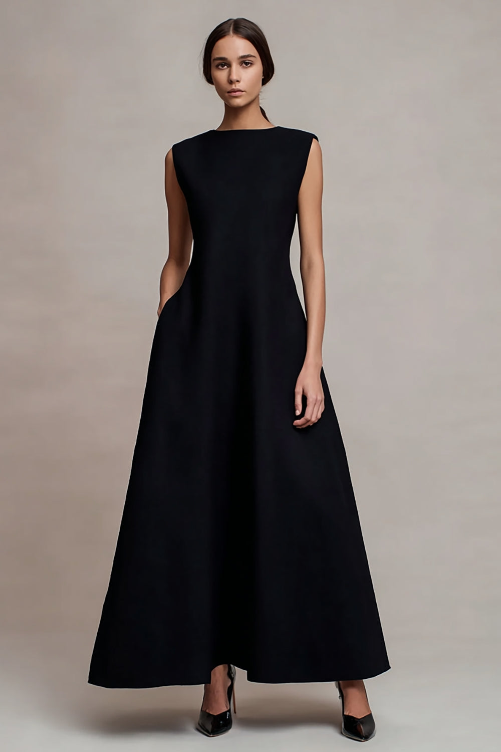 Simple Black A Line Bateau Neck Long Evening Dress