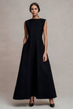 Simple Black A Line Bateau Neck Long Evening Dress