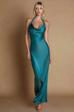 Halter Satin Sheath Peacock Long Evening Dress