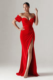 Off the Shoulder Mermaid Ruched Red Evening Dress with Slit