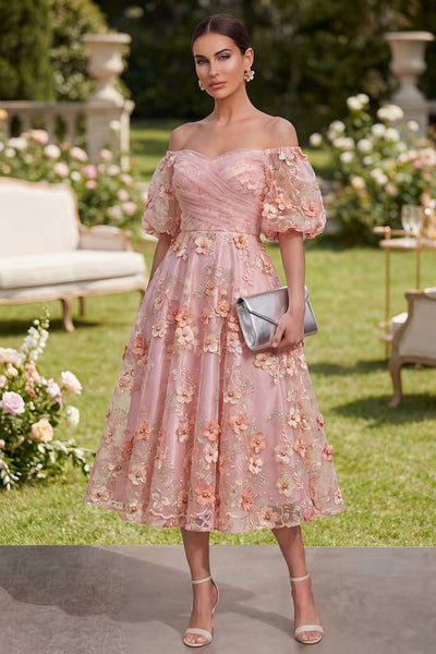 dress for wedding guest uk Wedtrend Women Floral Wedding Guest Dress with Puff Sleeves Pink Orange Off  the Shoulder Applique Midi Garden Party Dress – Wedtrend UK
