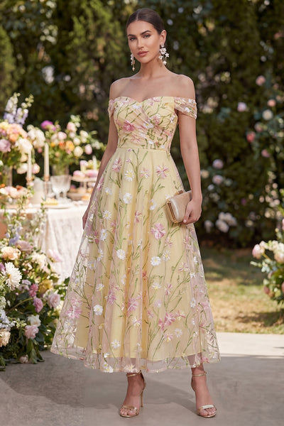 Wedtrend Women Light Yellow A Line Wedding Guest Dress Floral Off the Shoulder Ruched Long Party Dress – Wedtrend UK