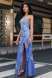 Trendy Mermaid V Neck Light Blue Long Prom Dress with Appliques Slit