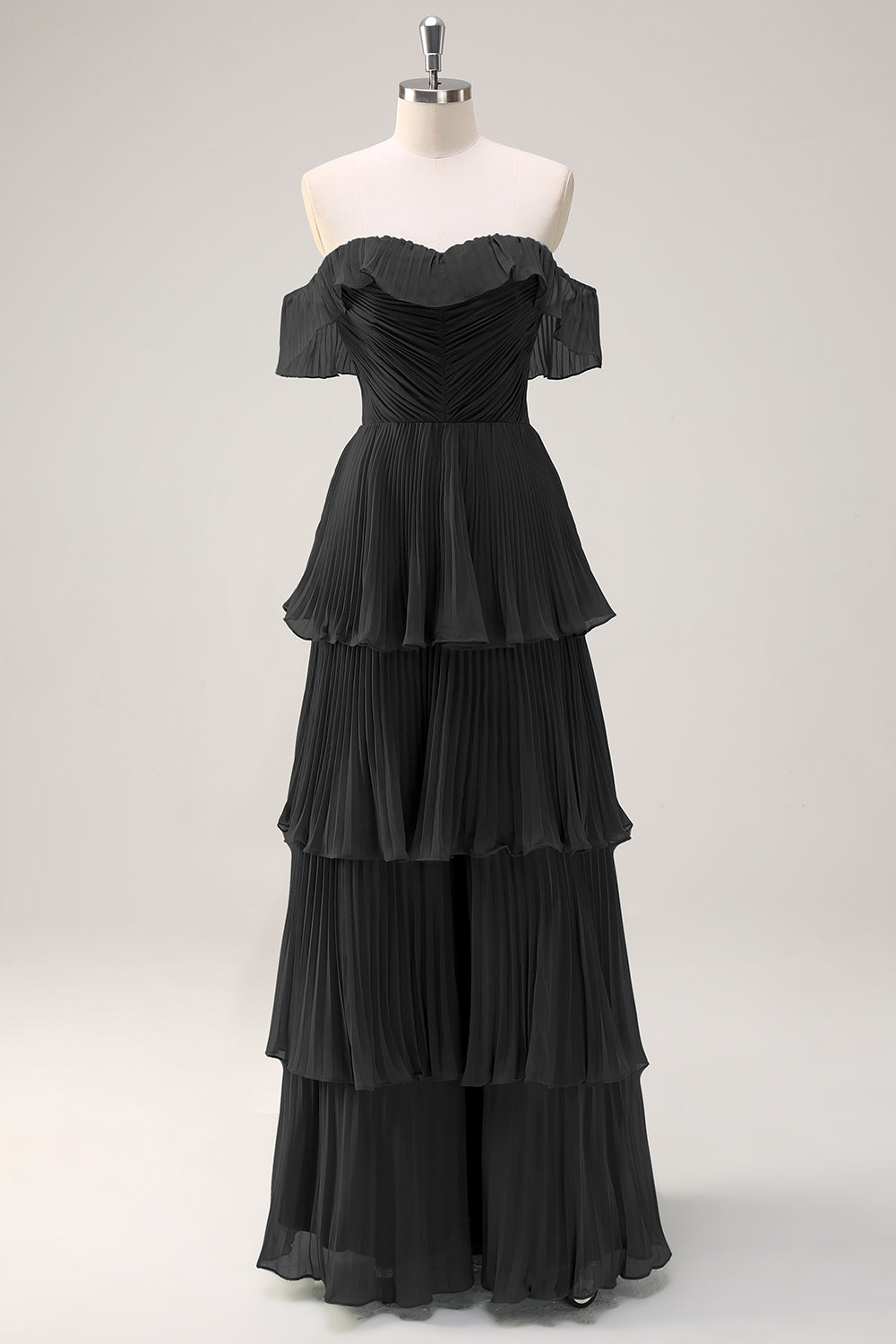 Eucalyptus A-Line Off The Shoulder Tiered Pleated Floor Length Bridesmaid Dress