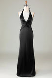 Dark Green Halter V Neck Open Back Satin Mermaid Long Bridesmaid Dress