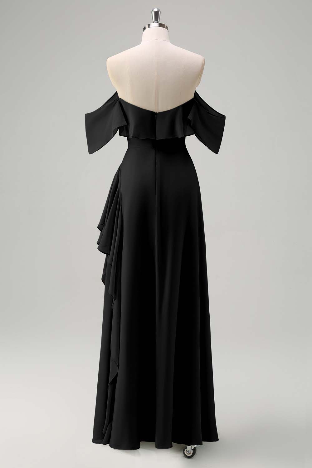 Light Green Sheath Off The Shoulder Chiffon Long Bridesmaid Dress with Ruffle Slit