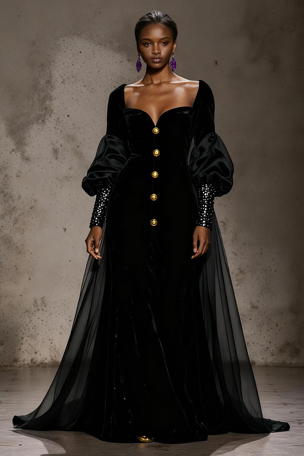 Burgundy Long Sleeve Velvet A Line Evening Dress