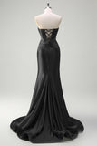 Dark Green Mermaid Strapless Beaded Corset Keyhole Satin Prom Dress with Slit