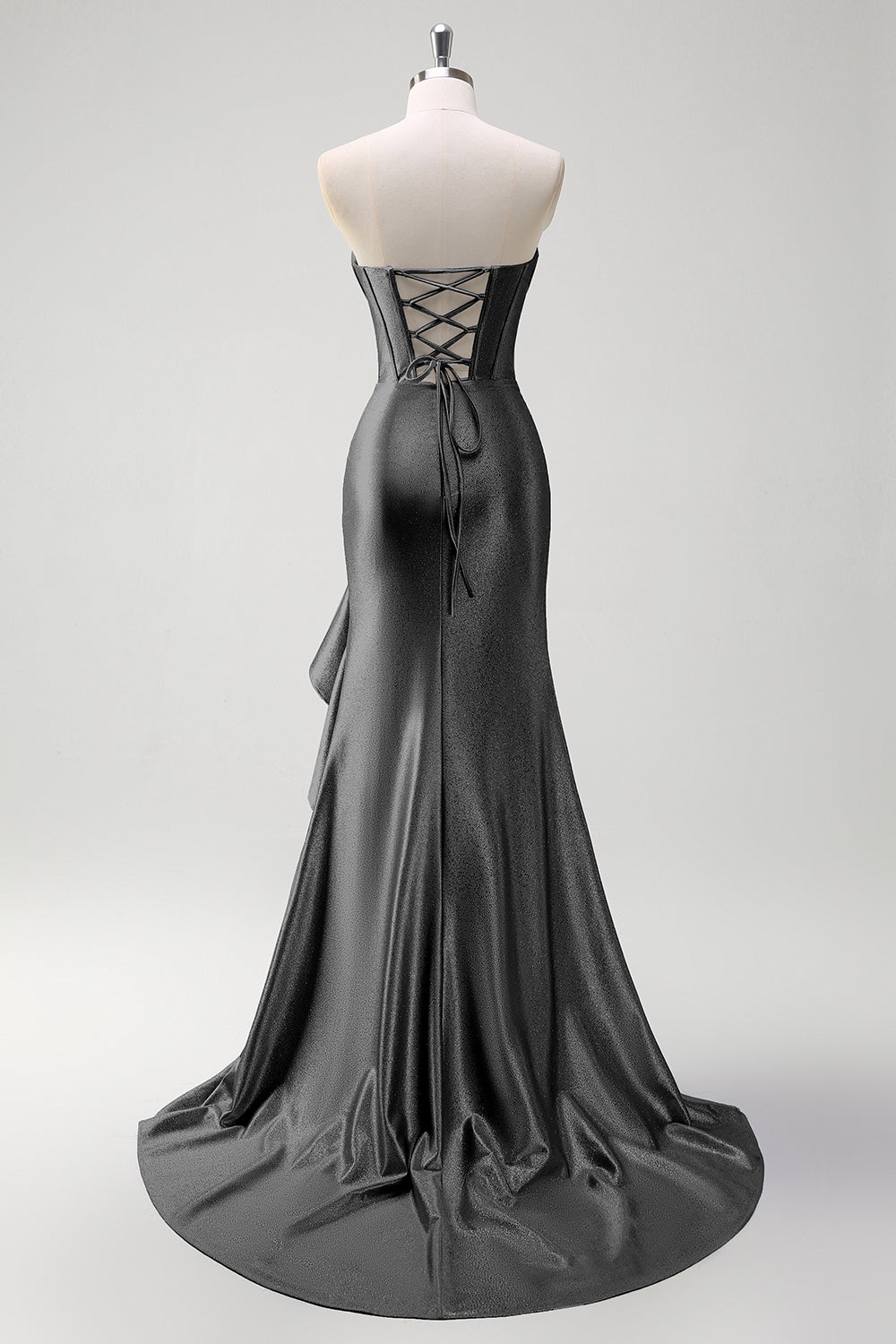 Sparkly Grey Blue Mermaid Ruffled Corset Strapless Satin Long Prom Dress with Slit