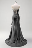 Sparkly Grey Blue Mermaid Ruffled Corset Strapless Satin Long Prom Dress with Slit