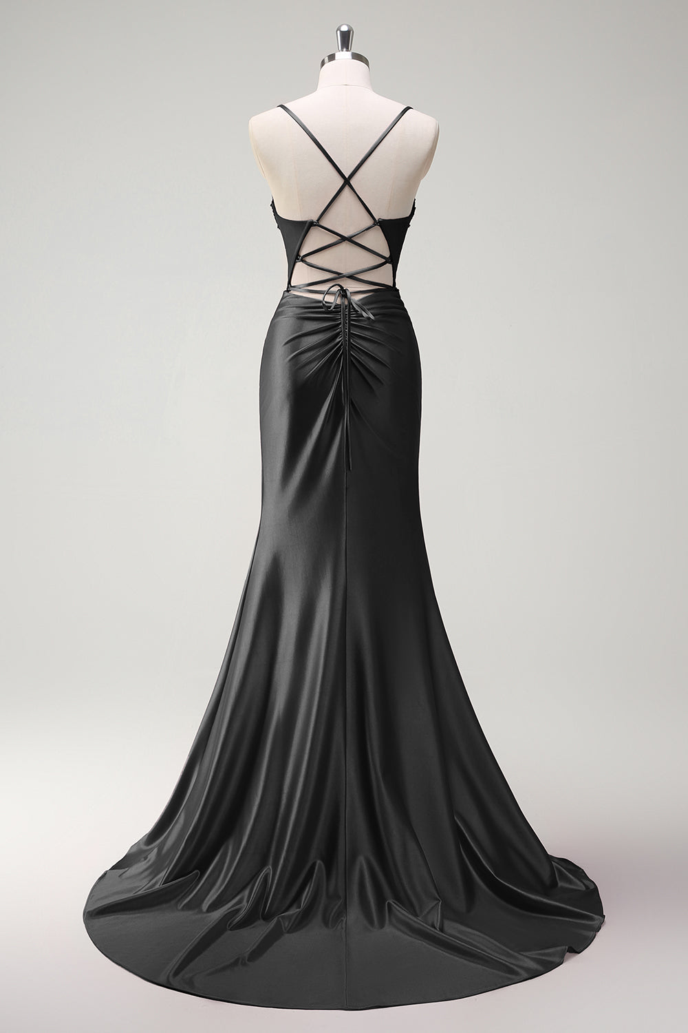 Black Mermaid Beaded Corset Satin Long Prom Dress with Slit