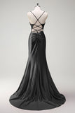 Black Mermaid Beaded Corset Satin Long Prom Dress with Slit