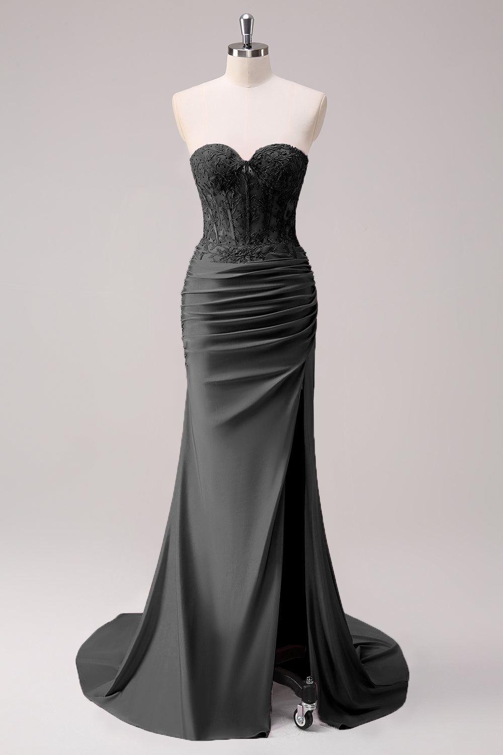 Dark Green Mermaid Strapless Ruched Corset Long Prom Dress with Slit