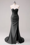 Dark Green Mermaid Strapless Ruched Corset Long Prom Dress with Slit