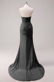 Dark Green Mermaid Strapless Ruched Corset Long Prom Dress with Slit