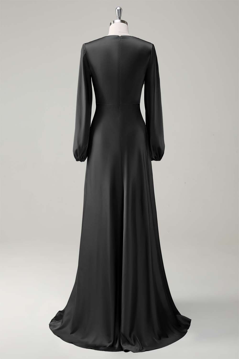 Agave A-Line Round Neck Satin Long Bridesmaid Dress with Long Sleeves