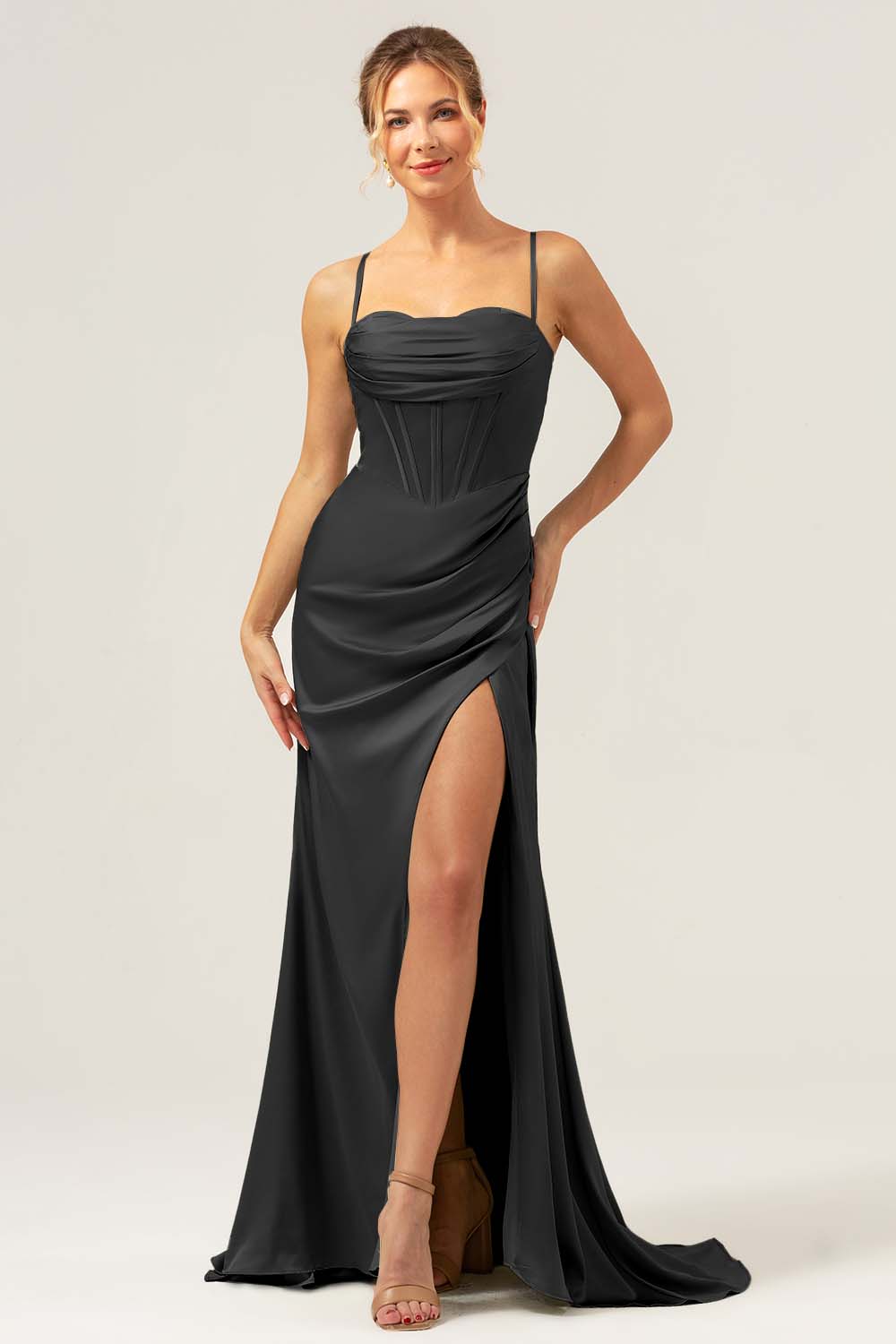 Martini Mermaid Cowl Neckline Ruched Corset Long Satin Bridesmaid Dress with Slit