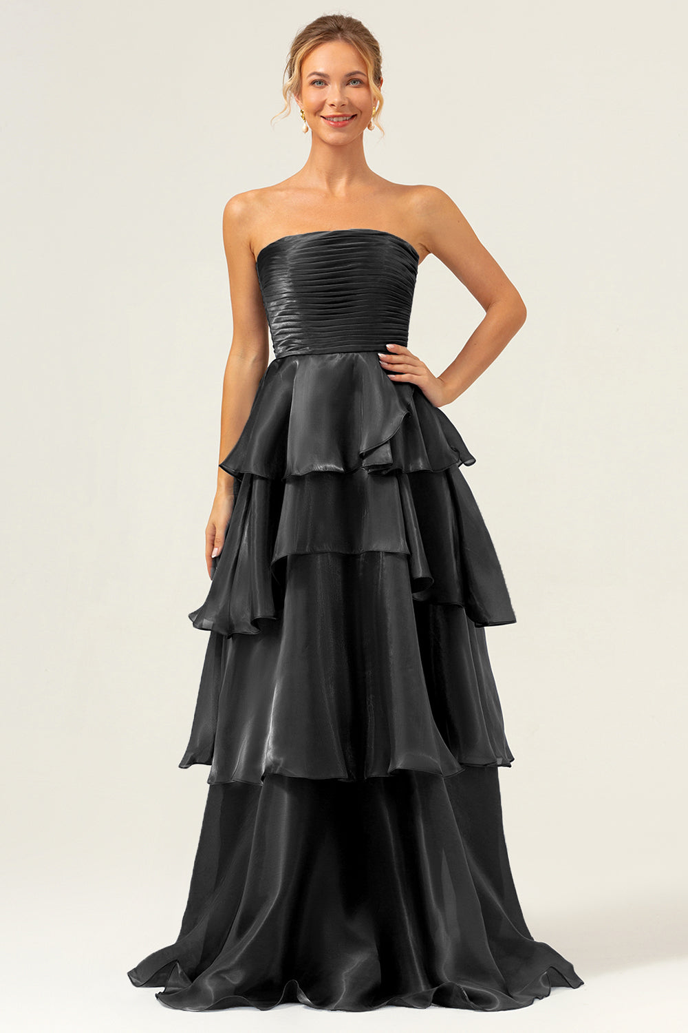 Dark Navy Strapless Tiered A Line Long Bridesmaid Dress