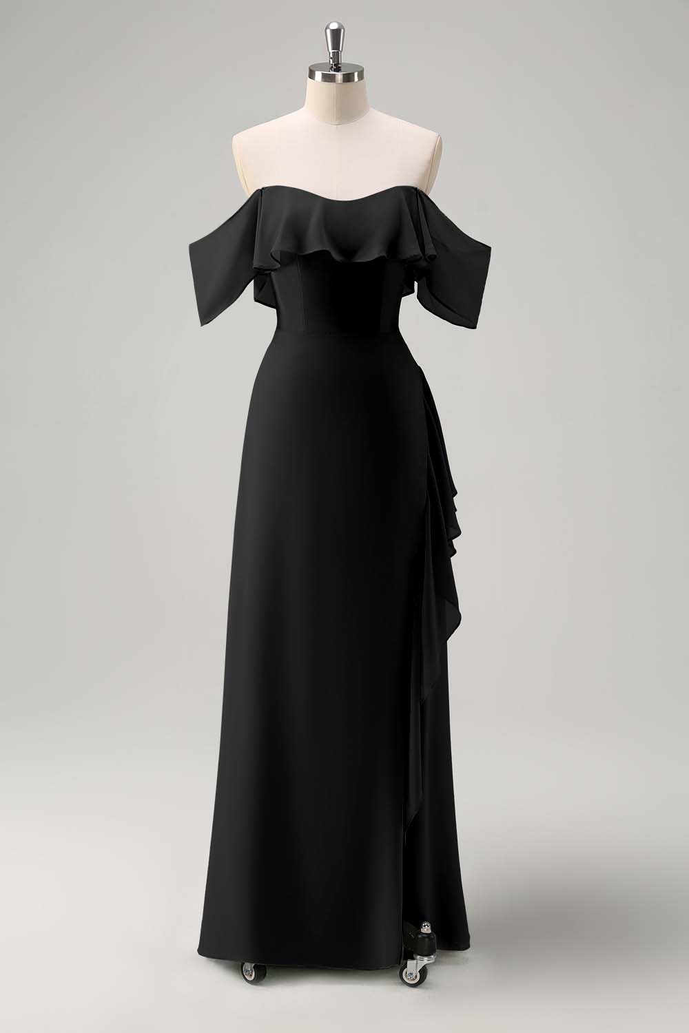 Light Green Sheath Off The Shoulder Chiffon Long Bridesmaid Dress with Ruffle Slit