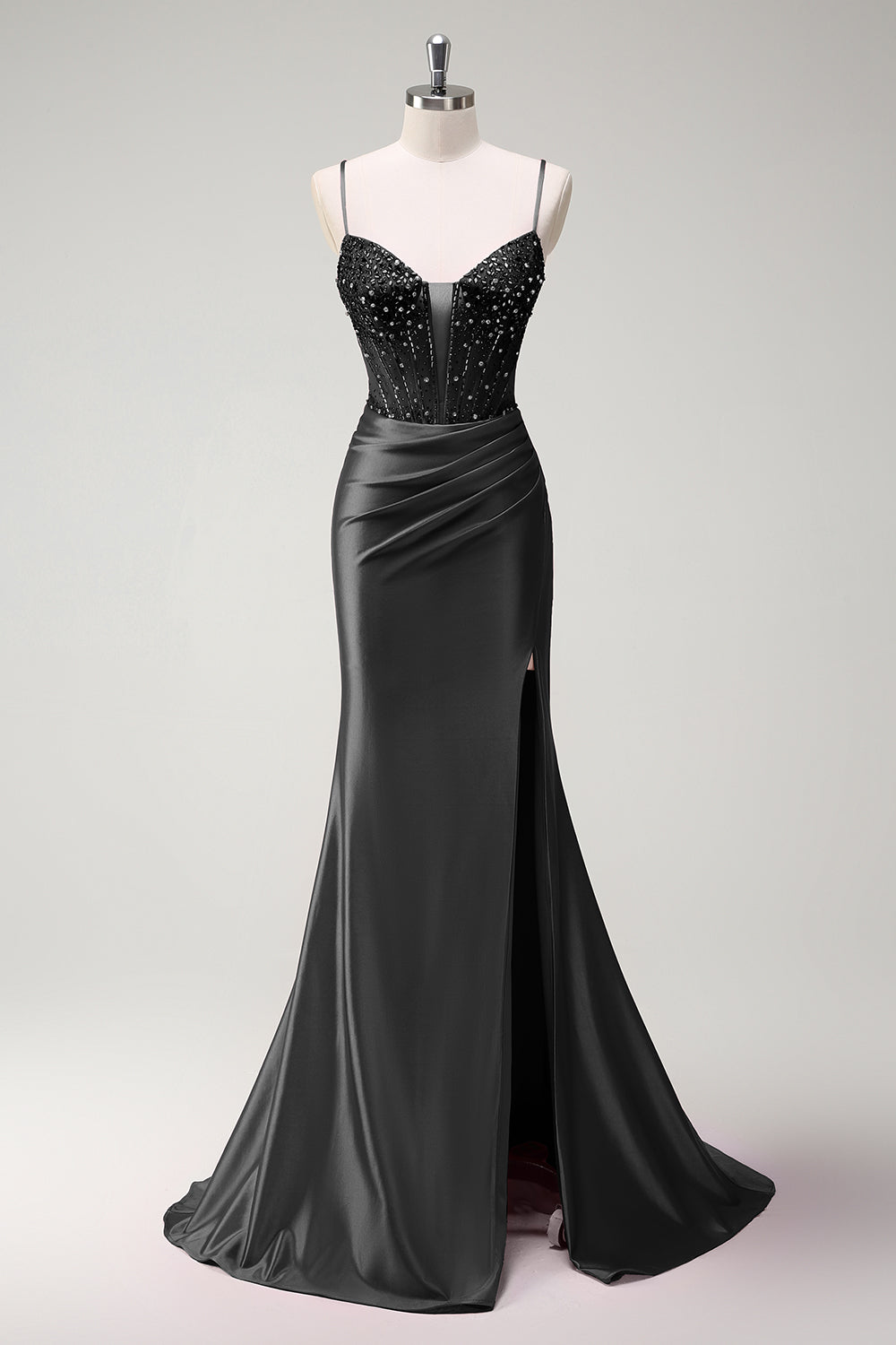 Black Mermaid Beaded Corset Satin Long Prom Dress with Slit