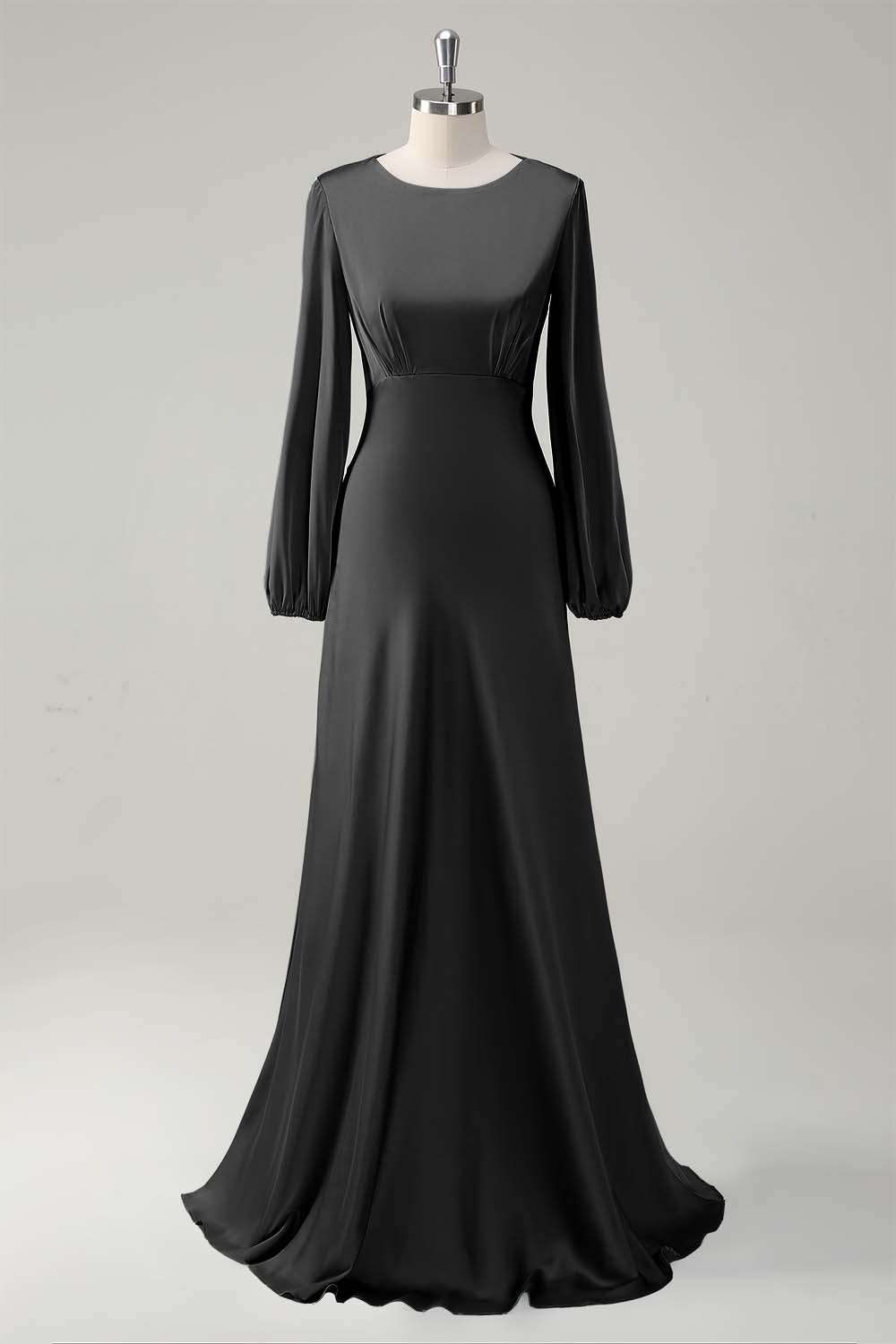 Agave A-Line Round Neck Satin Long Bridesmaid Dress with Long Sleeves