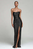 Strapless Sheath Ruched Silver Evening Dress with Slit