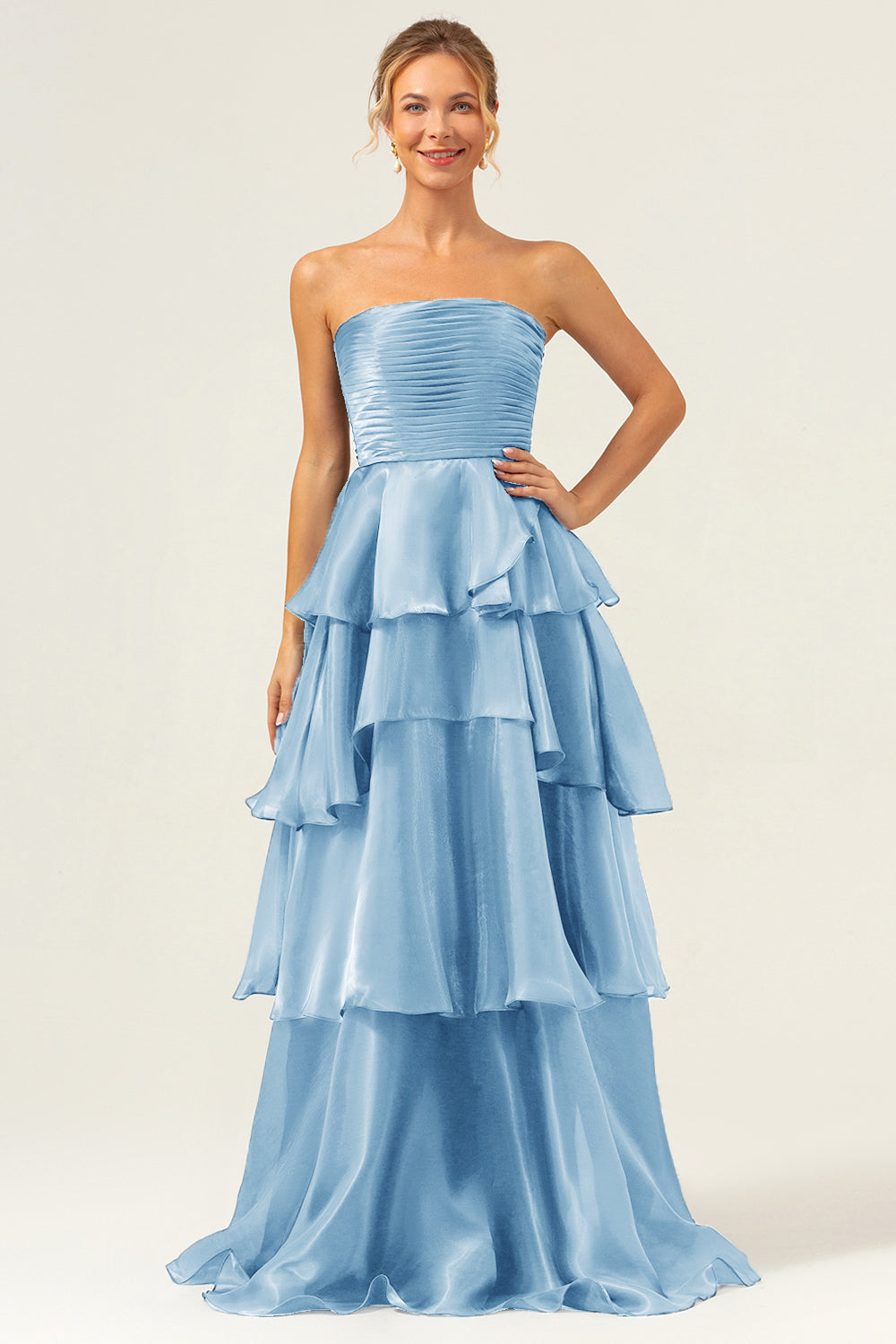 Blue A-Line Strapless Tiered Pleated Ruffled Floor Length Dress