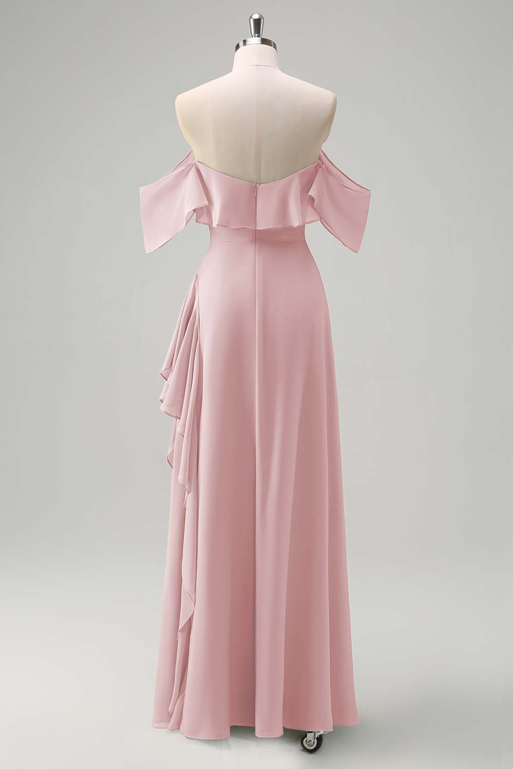 Light Green Sheath Off The Shoulder Chiffon Long Bridesmaid Dress with Ruffle Slit