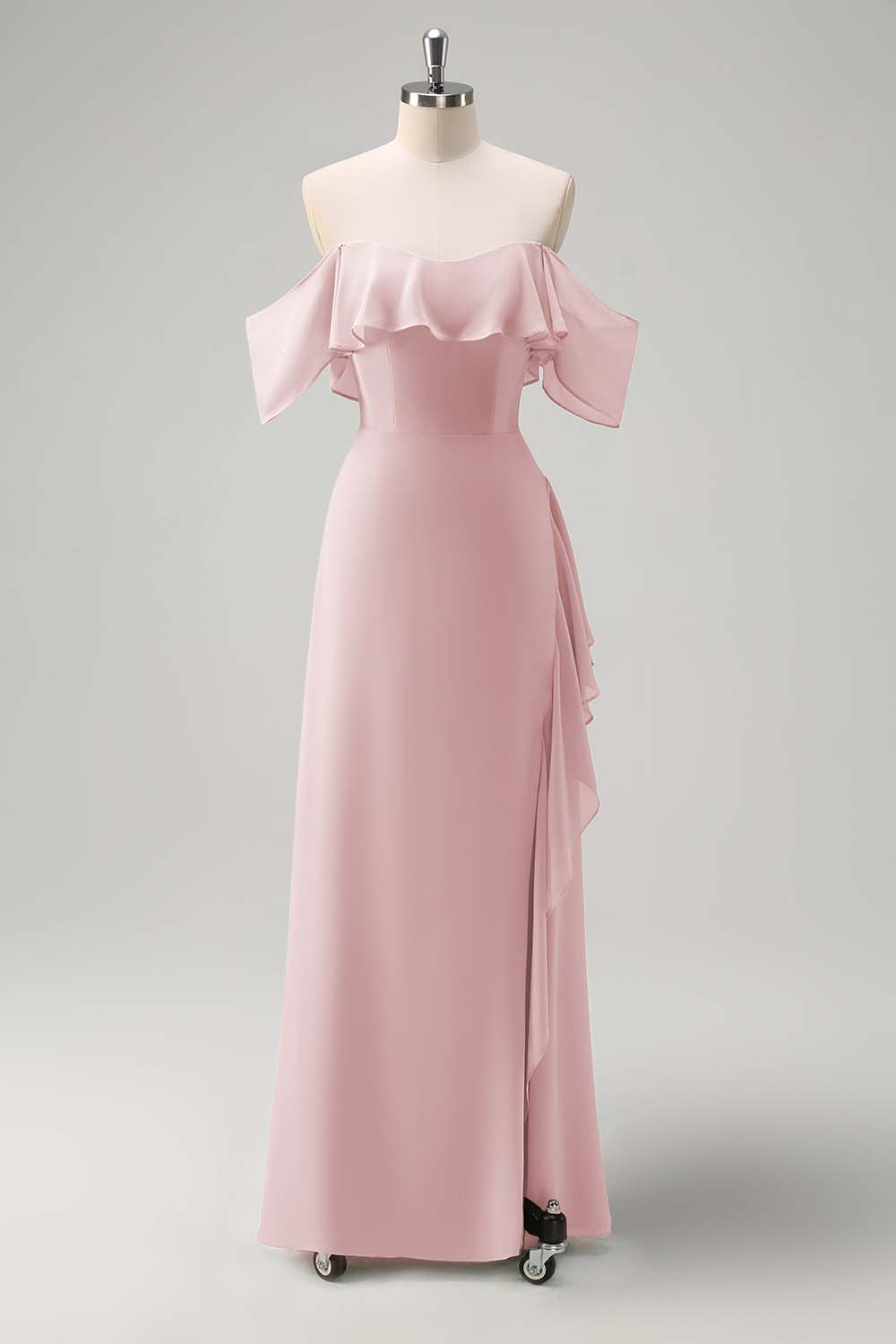Light Green Sheath Off The Shoulder Chiffon Long Bridesmaid Dress with Ruffle Slit