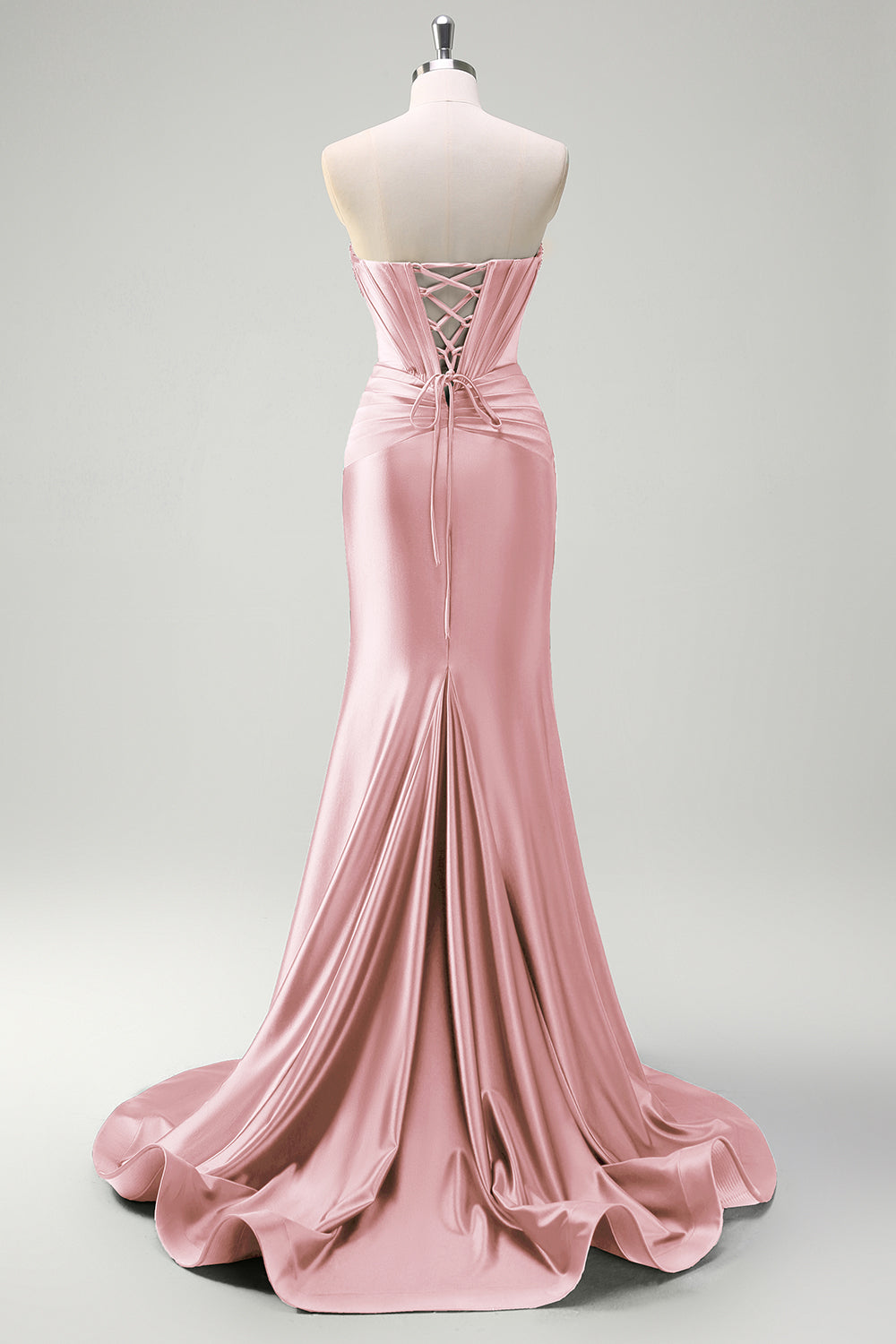 Dark Green Mermaid Strapless Beaded Corset Keyhole Satin Prom Dress with Slit