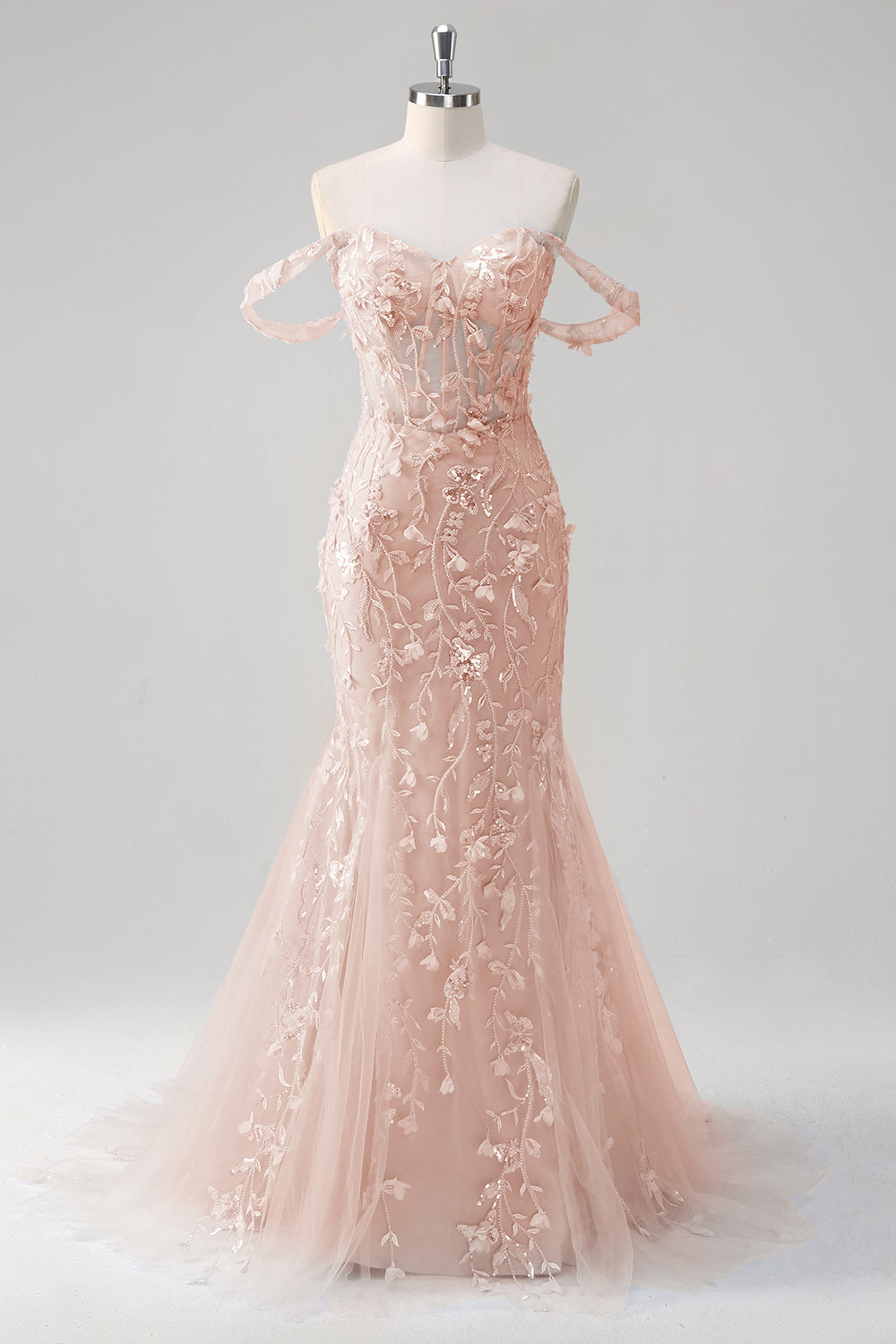 Blue Mermaid Off the Shoulder Floral Corset Prom Dress with Sequins