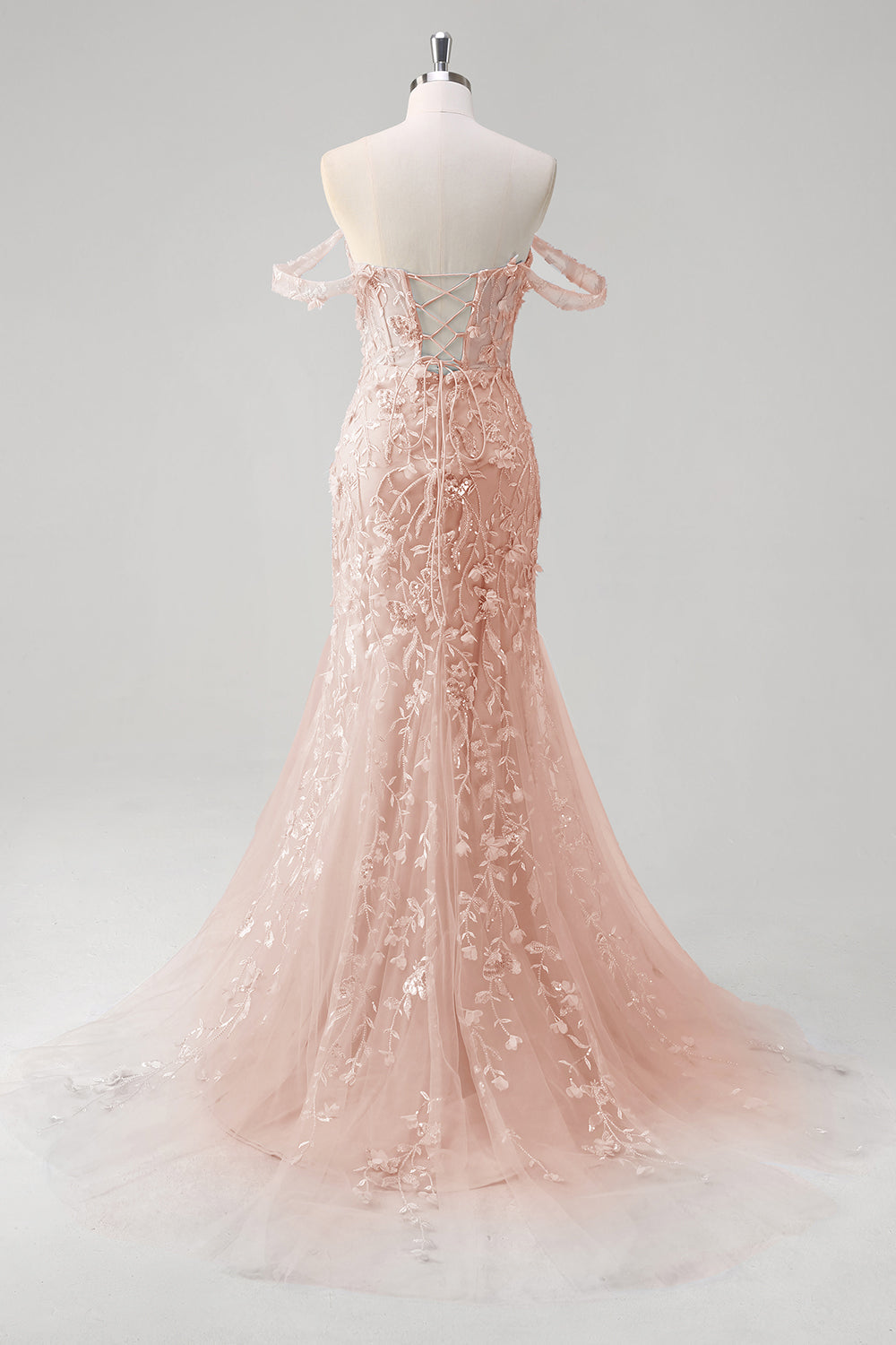 Mermaid Applique Off the Shoulder Corset Blue Prom Dress