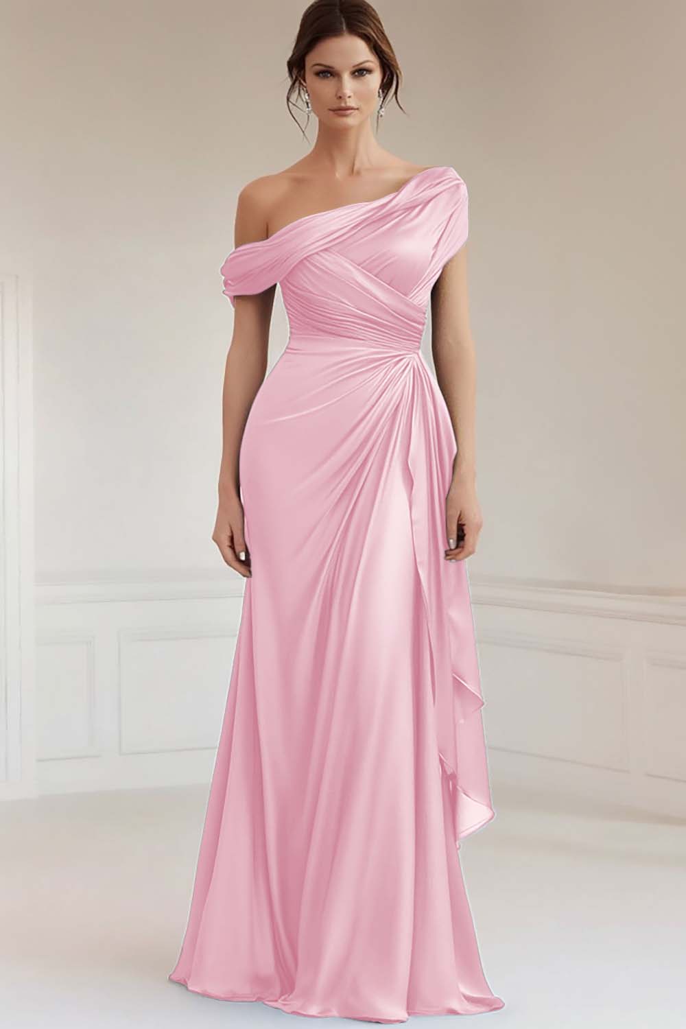 Grey Blue One Shoulder Satin Ruched Formal Dress with Ruffles