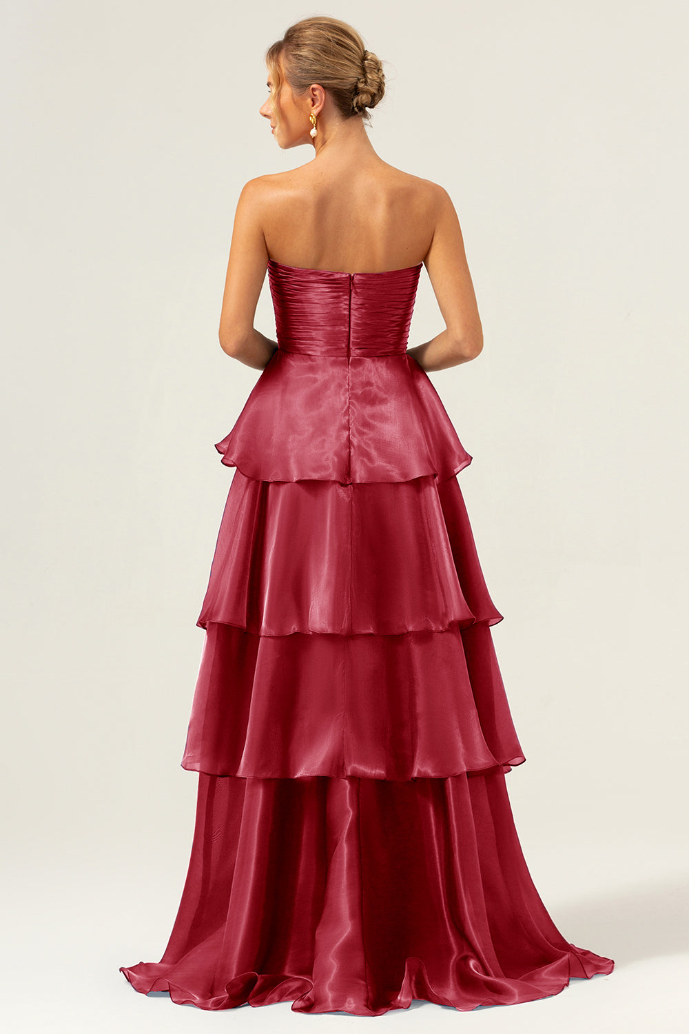 Dark Navy Strapless Tiered A Line Long Bridesmaid Dress