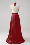 Royal Blue A Line Halter Pleated Long Prom Dress