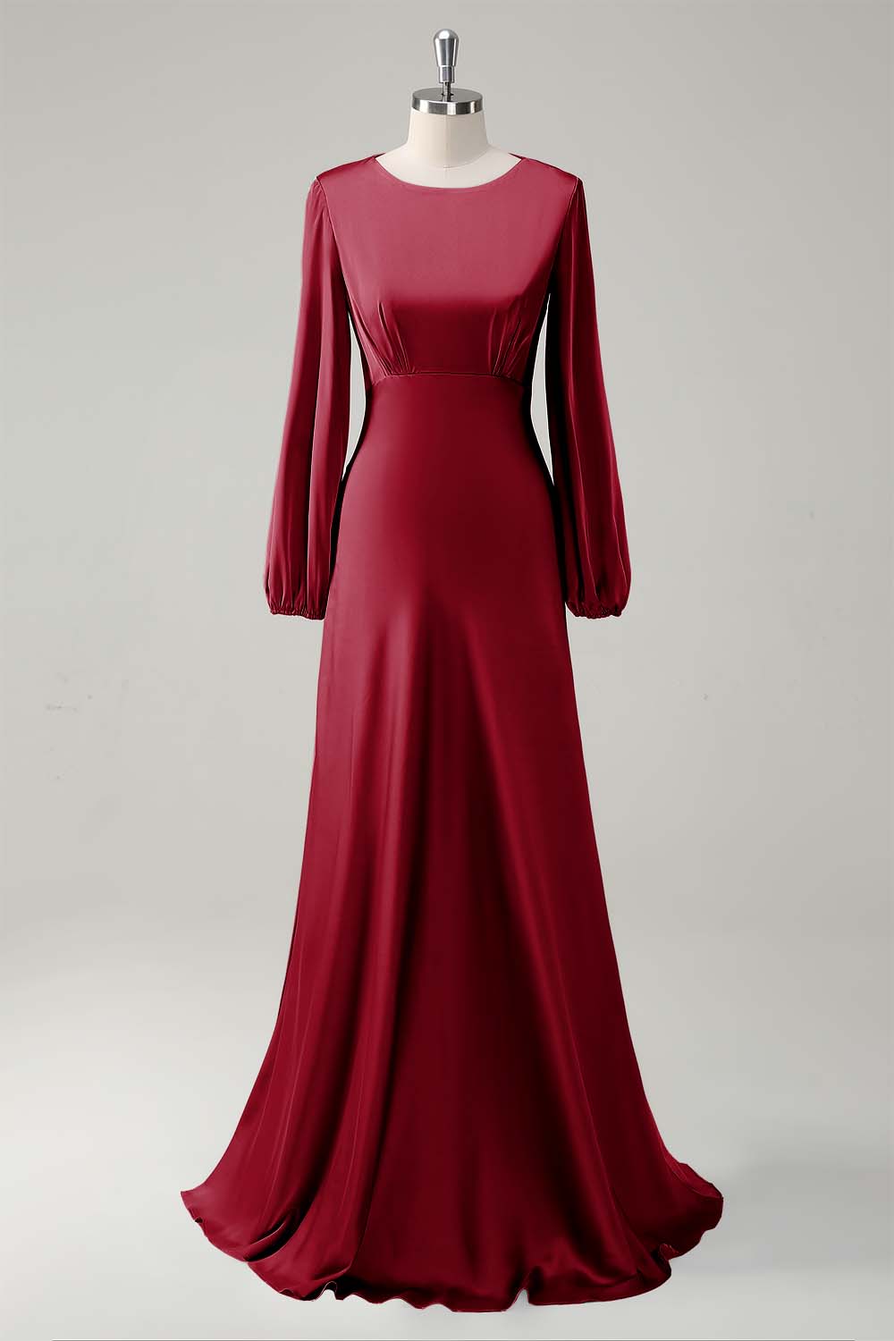 Agave A-Line Round Neck Satin Long Bridesmaid Dress with Long Sleeves