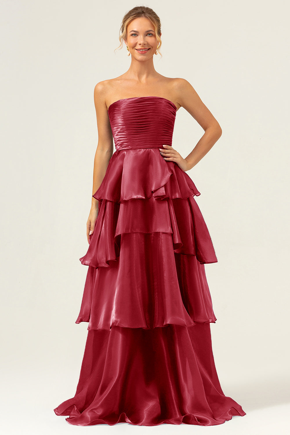 Dark Navy Strapless Tiered A Line Long Bridesmaid Dress