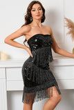 Sequins Tight Little Black Dress with Fringes