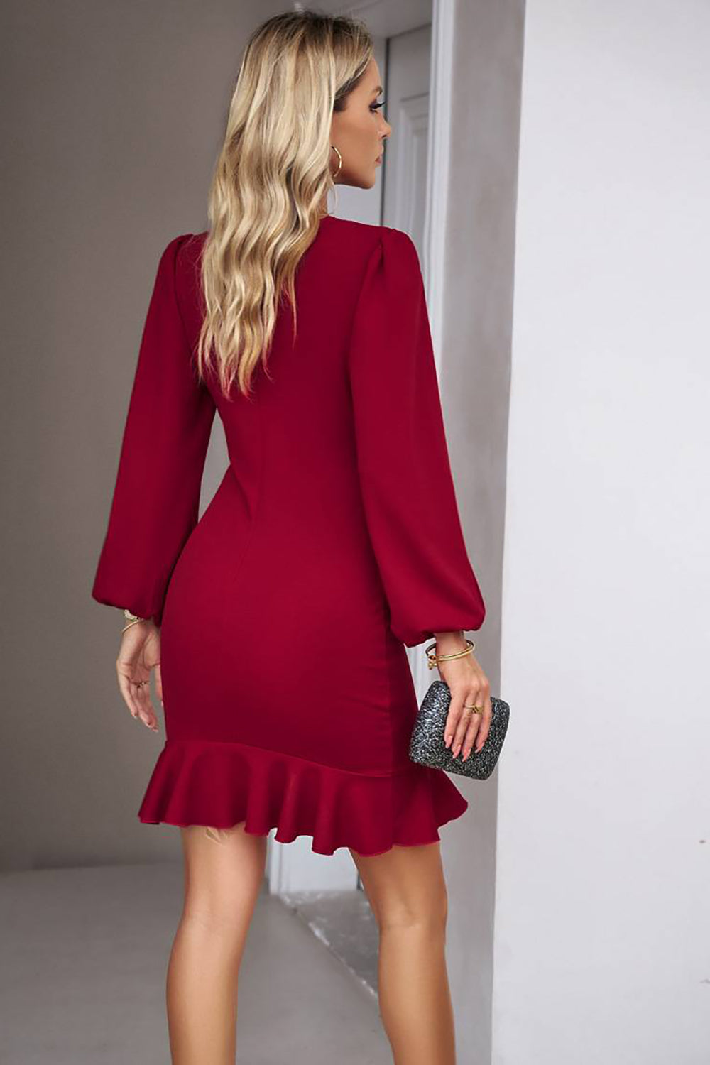 Ruched Long Sleeve Little Black Dress With Ruffles