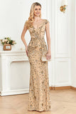 Golden Sheath Sequin Cap Sleeve Formal Dress