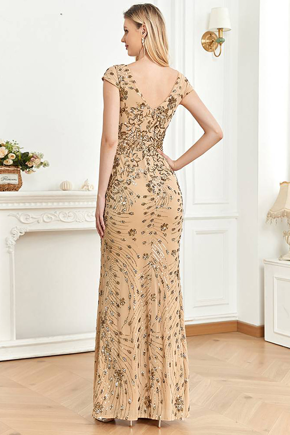 Golden Sheath Sequin Cap Sleeve Formal Dress