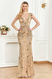 Golden Sheath Sequin Cap Sleeve Formal Dress