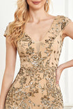 Golden Sheath Sequin Cap Sleeve Formal Dress