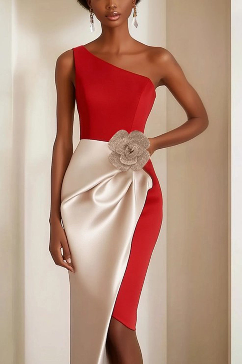 Red One Shoulder Satin Midi Formal Dress with 3D Flowers