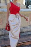 Red One Shoulder Satin Midi Formal Dress with 3D Flowers
